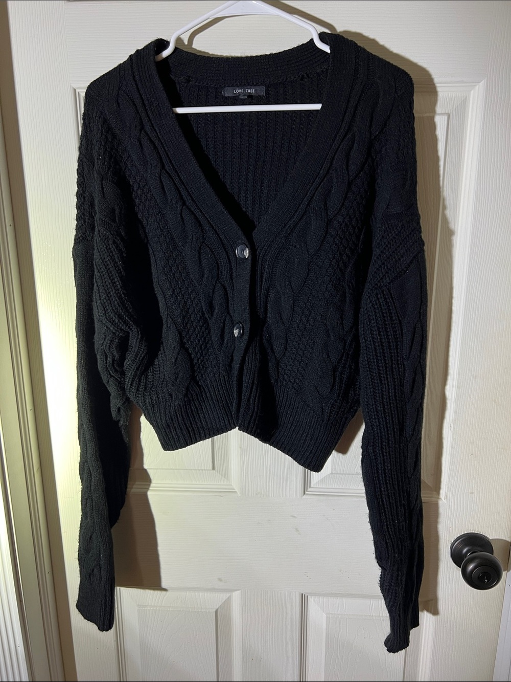 Love Tree Black Cable-Knit V-Neck Button Cardigan